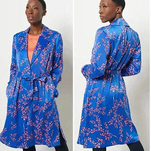 Jason Wu Woven Printed Floral Blue Trench Coat Size Large